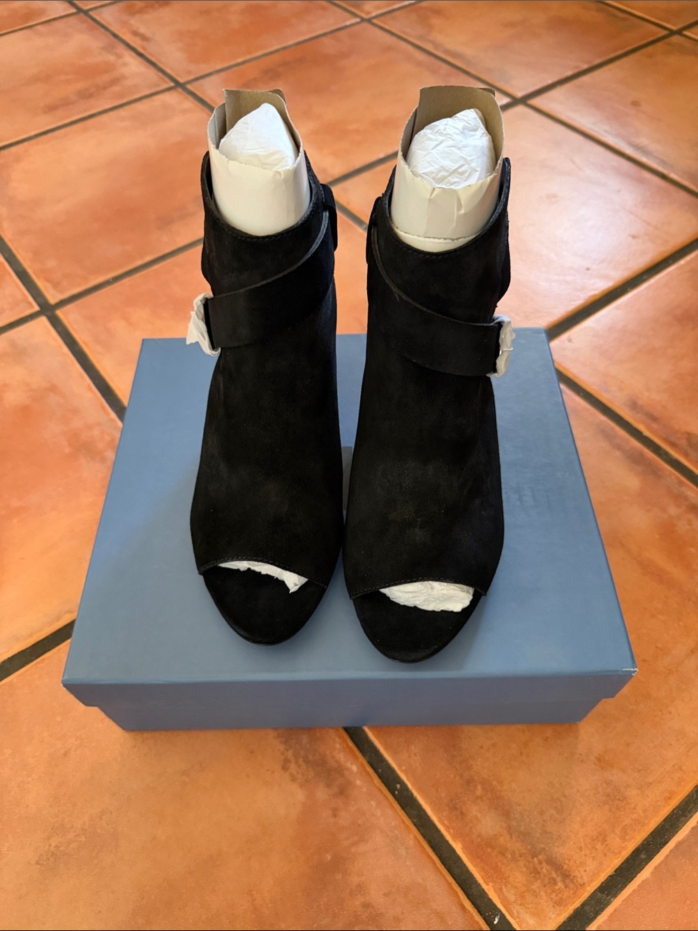 PAIGE Black Suede Peep-Toe Wrap Strap Ankle Boots size 10